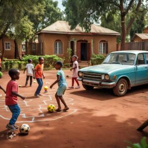 An AI generated image of children playing football in an african compound. An old Peugeot car is parked where the kids are playing. ''Elsa's Greeting - A Christmas Children's Story to make you laugh.