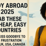 Young Black female student smiling with books in hand at airport, with text promoting 4 cheap and easy countries to study abroad in 2025, avoiding visa stress from UK, USA, and Canada.