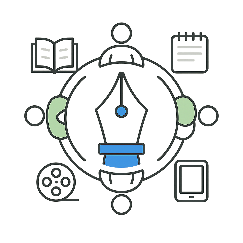 Minimal vector emblem with a microphone transforming into a fountain pen, surrounded by a circle of human figures with icons of a book, notepad, film reel, and tablet. Minimal vector emblem with a microphone transforming into a fountain pen, surrounded by a circle of human figures with icons of a book, notepad, film reel, and tablet.