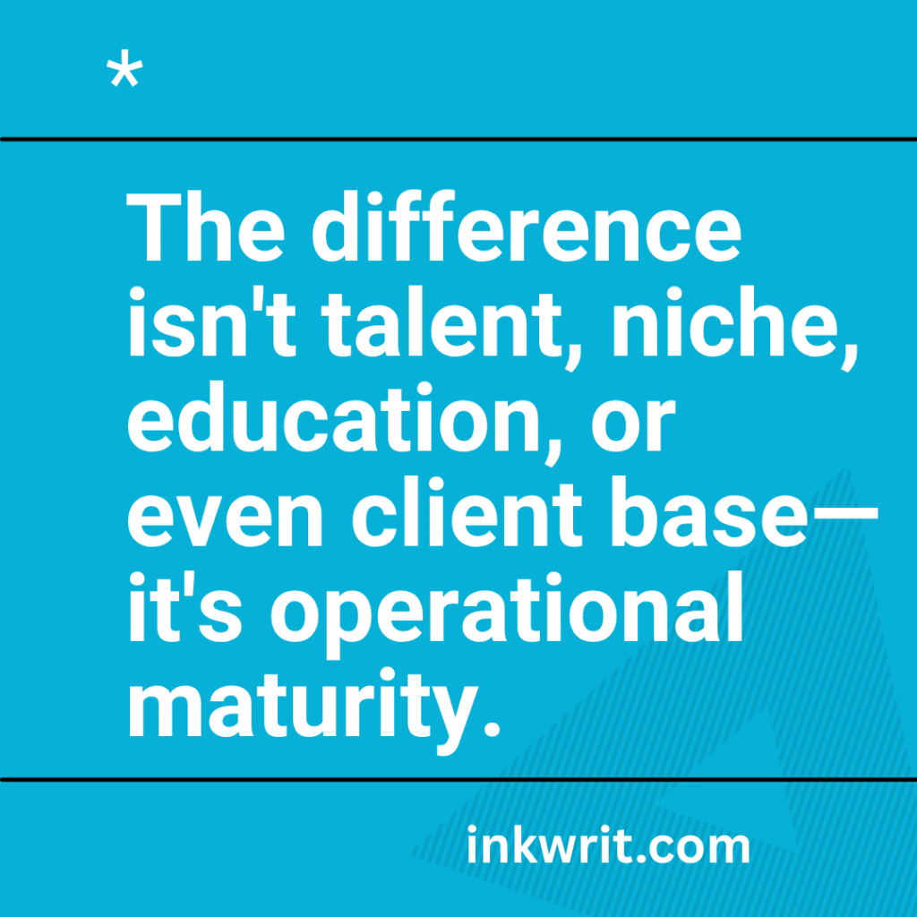 a blue square background with the caption: the difference isn't talent, niche, education, or even client base- it's operational maturity (freelance writing business)