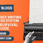 An orange background with an image of someone typing with a typewriter at the right side. A caption staying with today blogs. Freelance writing business system your survival guide. Read now. Inkwrit.com.