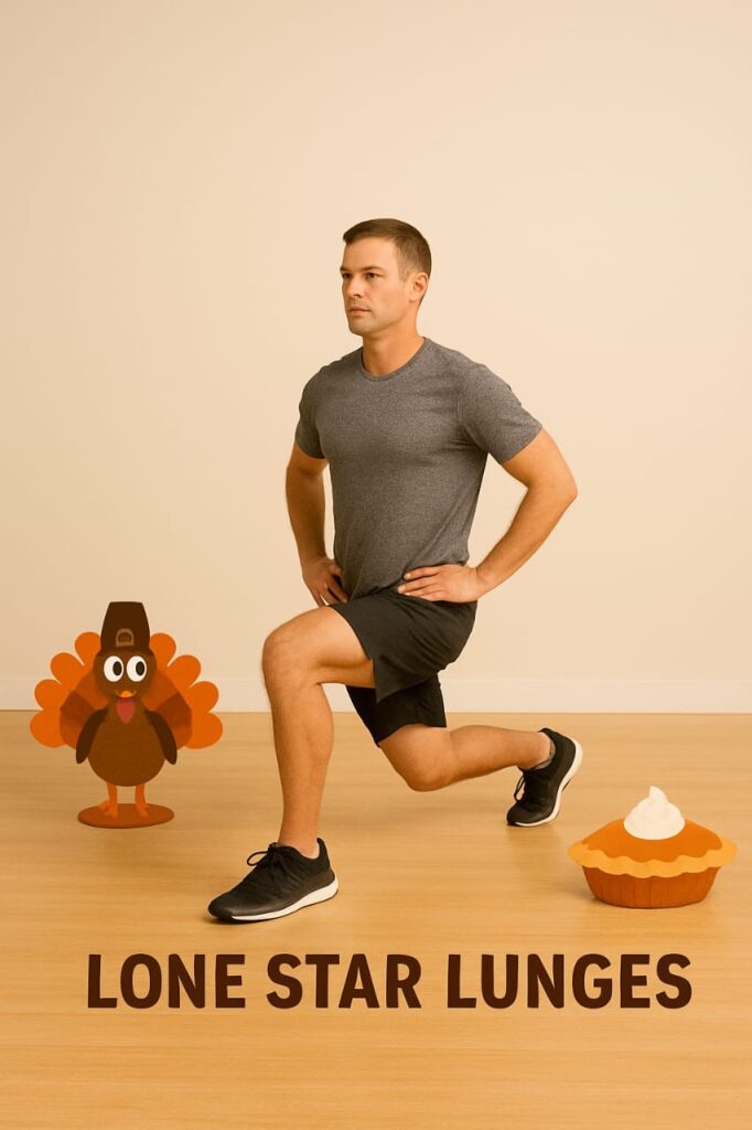 Texas Thanksgiving Fitness: 5 Simple Moves You'll Love. A picture of a man carrying out the lone star lunges moves.