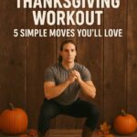 Texas Thanksgiving Fitness: 5 Simple Moves You'll Love. A picture of a man squatting. His hands are clapped together up. His hair is knotted. At his sides are two Halloween big tomatoes. He is wearing a ash colored t-shirt with a black pant,