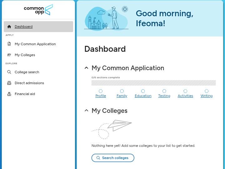 A screenshot of Common app dashboard