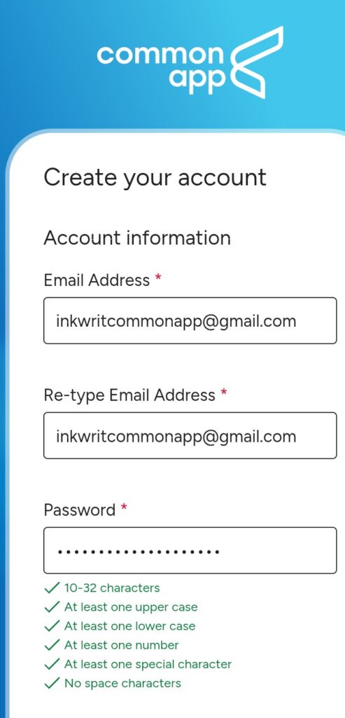 A screenshot of Common app account creation