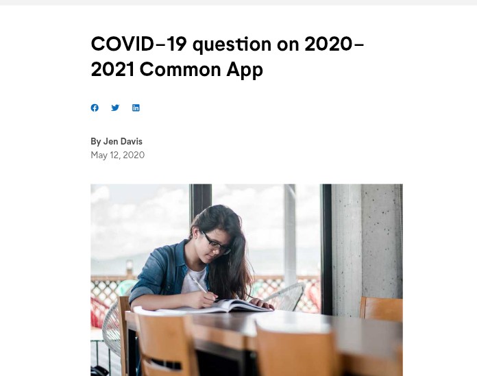 A screenshot of an article on COVID - 19 question on 2020-21 common app