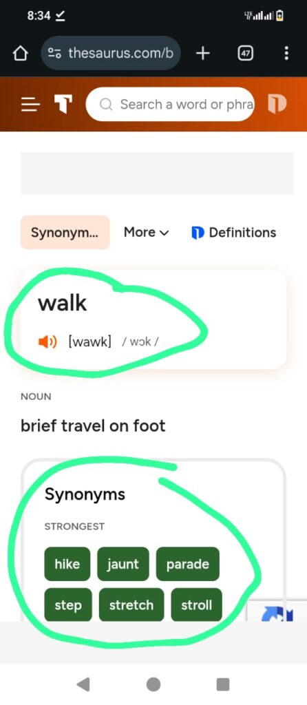 A screenshot of a searched word - walk - on thesaurus 