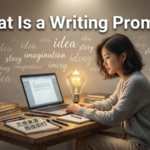This is an image showing an Asian female writer writing with a laptop. On the image is boldly written what is a writing prompt.