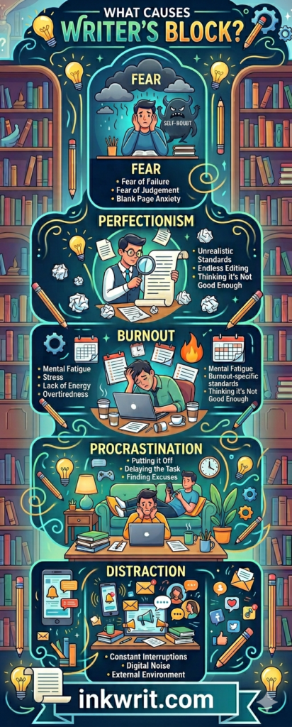 an infographic image showing what causes writer's block