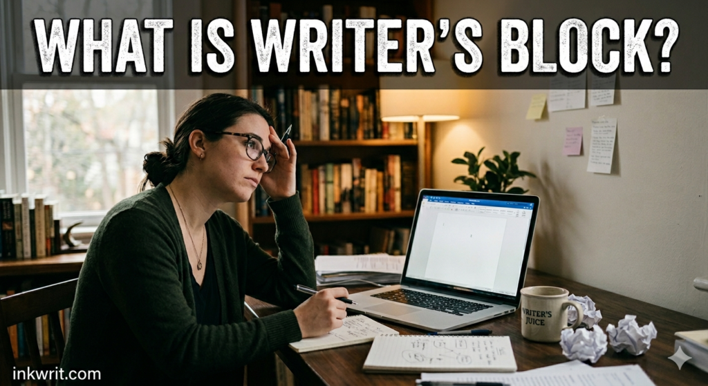 an image of a female writer in her office space looking down cast on the image is the caption what is writer's block
