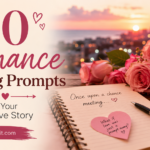 A notebook, roses, and coffee sit on a table with a city view at sunset; text reads "30 Romance Writing Prompts to Spark Your Next Love Story.