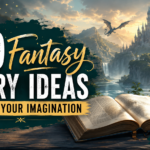 An open book with "40 Fantasy Story Ideas To Fuel Your Imagination" overlaid on a fantastical landscape with a castle and dragon.